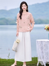 时尚洋气优雅刺绣套装女2026夏季新款复古气质宽松阔腿裤两件套，女装套装/套裙，魅影