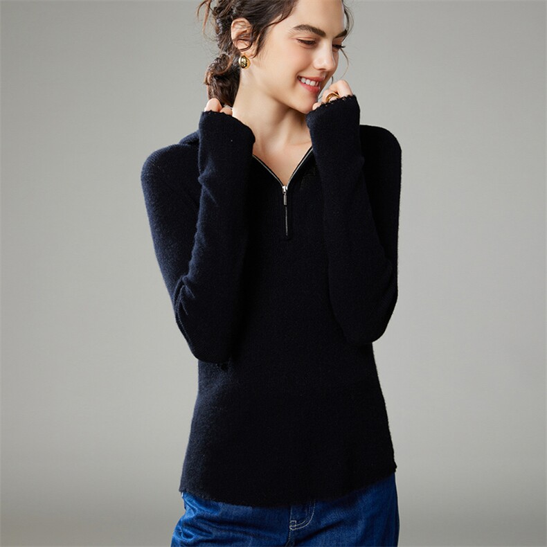 2025年秋季半拉链针织羊绒帽衫时尚休闲通勤百搭，女装羊绒衫，珍丝贝尔