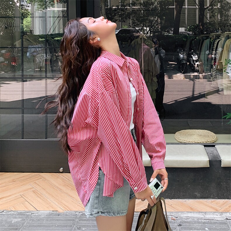 秋季条纹衬衫女港风设计感小众衬衣内搭叠穿外套,女装衬衫,梦懿尔