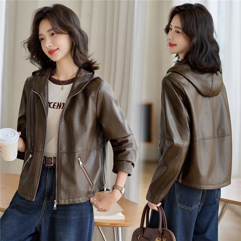 【秋季女装新款】大量现货时尚休闲连帽皮衣外套，女装皮衣，魅衣本色