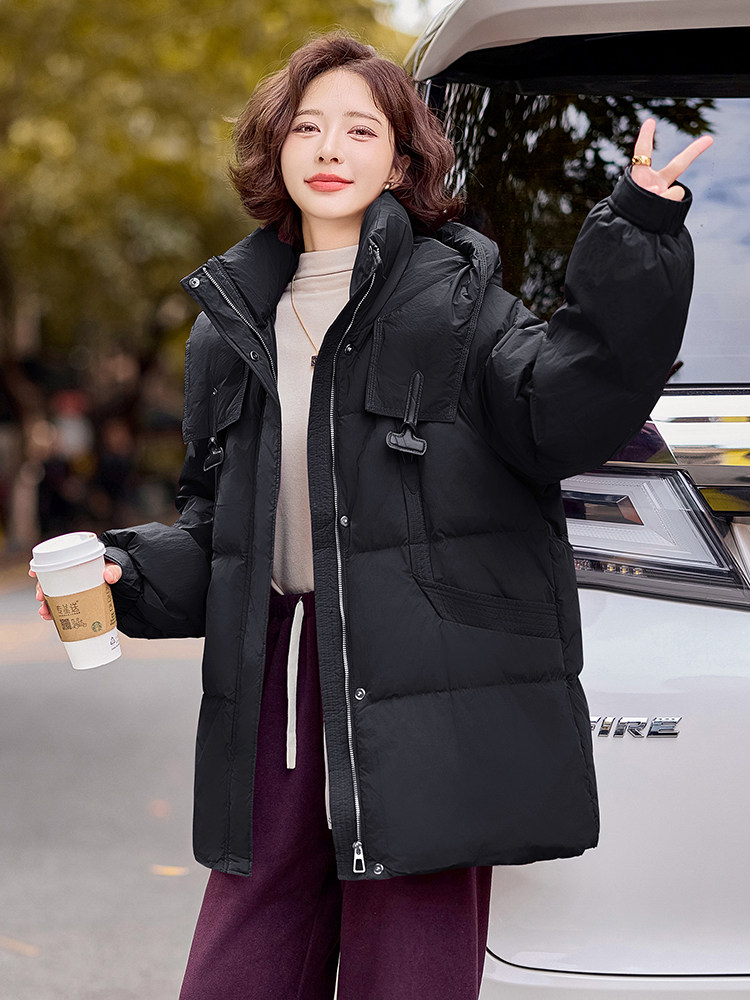 现货2024冬季新款简约廓形气质显瘦加厚中长款羽绒服,女装羽绒服,深水步