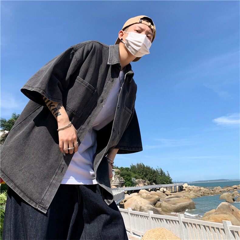 2025新款牛仔短袖衬衫男夏季ins潮牌宽松休闲五分袖衬衣外套，男装衬衫，星座601-1