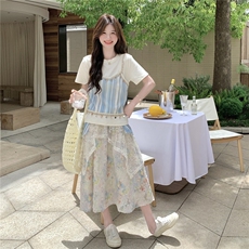 超仙拼接T恤蕾丝印花半身裙套装女夏2025新款小个子两件套高级感，女装套装/套裙，2C115