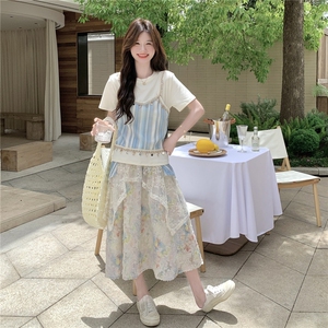 超仙拼接T恤蕾丝印花半身裙套装女夏2025新款小个子两件套高级感图片