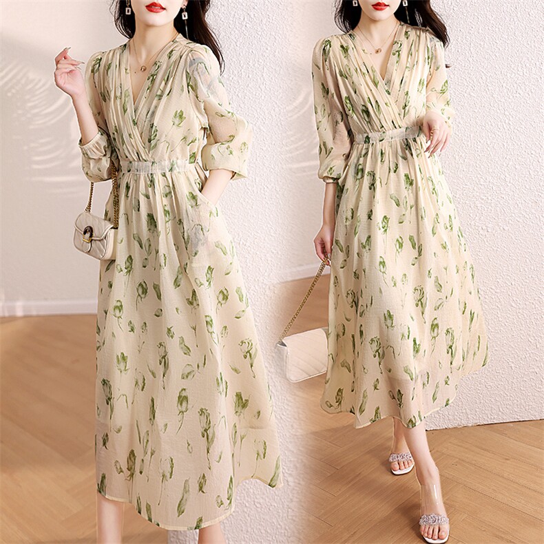 2023年新款春夏季时尚气质V领中长款连衣裙时尚潮流，女装连衣裙，盈茜