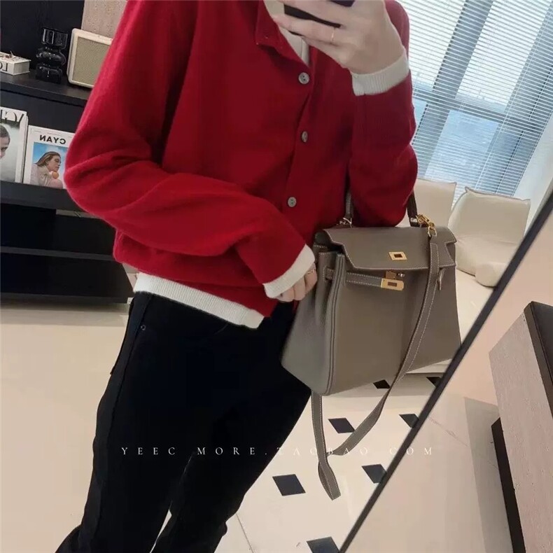 时尚女士秋冬纯毛假两件羊毛开衫 显瘦百搭红色针织外套图片