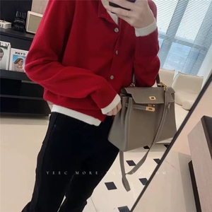 时尚女士秋冬纯毛假两件羊毛开衫 显瘦百搭红色针织外套图片