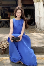 蓝色无袖背心连衣裙女2025夏季设计感小众木耳边拼接超仙显瘦长裙，女装连衣裙，2C166