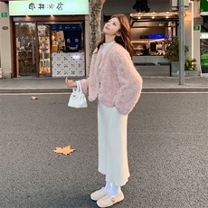 浅粉色秋冬皮毛一体外套女仿水貂绒休闲上衣2C353--716#P180K268，女装短外套，2C353