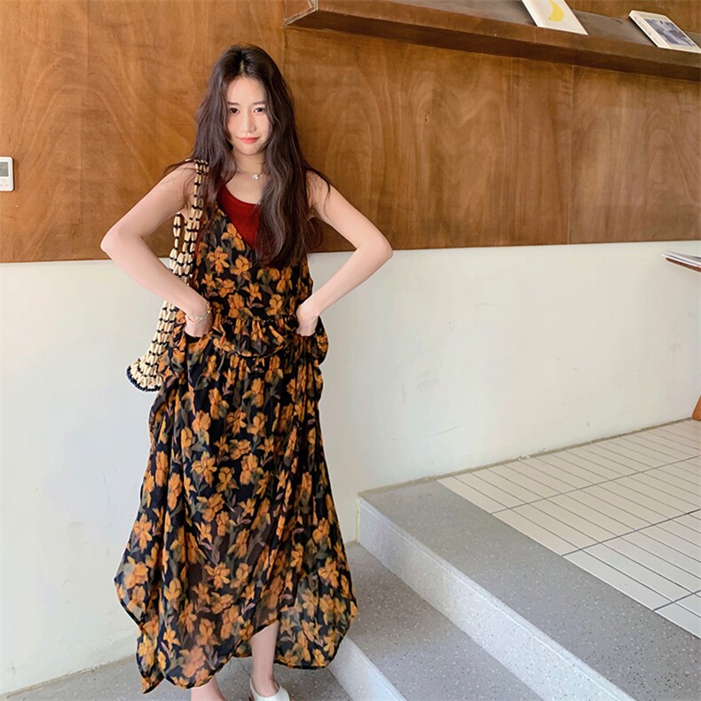 法式茶歇优雅碎花吊带连衣裙女2025夏季新款独特漂亮高级感长裙子,女装连衣裙,2C123