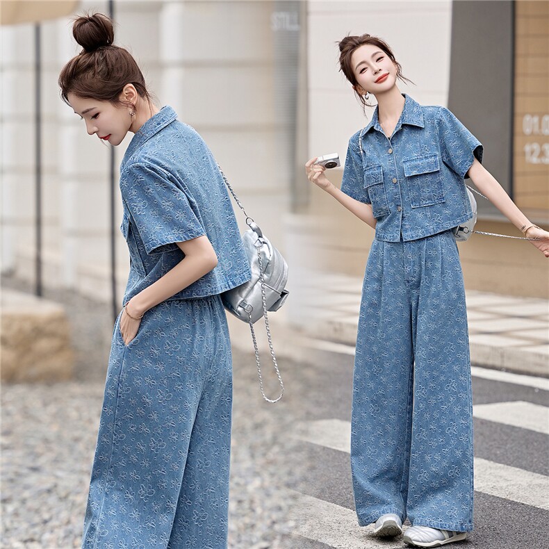 现货牛仔套装2026年夏季新款女装时尚气质阔腿裤两件套，女装套装/套裙，关键词