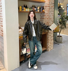 港风气质短款机车皮衣外套女2025春秋季新款韩版宽松显瘦洋气上衣，女装皮衣，纯色衣恋