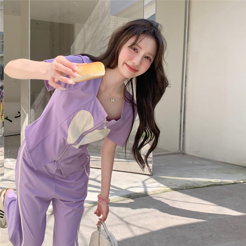 紫色短袖上衣半身裙套装女夏季2025新款时尚洋气休闲显瘦减龄穿搭，女装套装/套裙，含赞