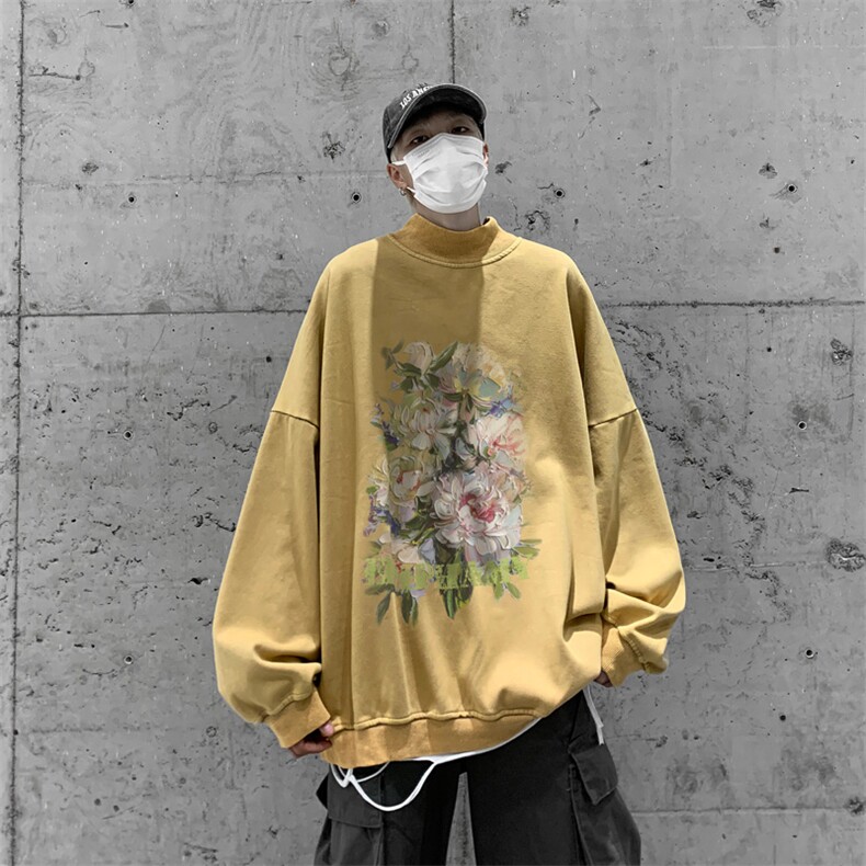水洗做旧加绒加厚卫衣男23冬高领油画花朵打底衫 XZ514-2-X51-P78图片