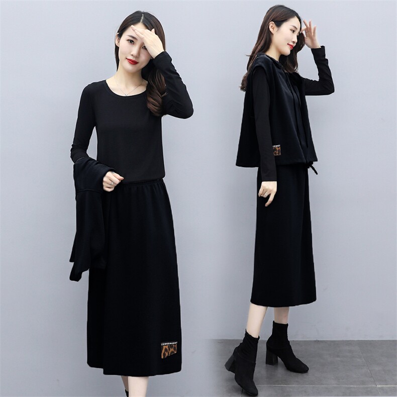 休闲连衣裙女2025春装新款时尚连帽卫衣三件套洋气减龄套装裙春秋,女装套装/套裙,半夏