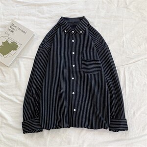 2021秋装新款男生条纹衬衫印花港风平铺衬衣1903-P45图片