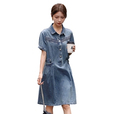 现货2023牛仔连衣裙女宽松舒适遮肉夏装新品韩版POLO领，女装连衣裙，钱塘布衣