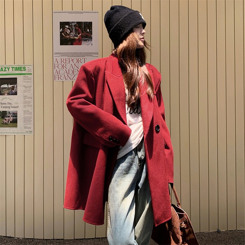 红色毛呢西装外套女高级感2024秋冬新款中长款毛呢西服小个子大衣,女装毛呢外套,2C085