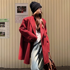 红色毛呢西装外套女高级感2024秋冬新款中长款毛呢西服小个子大衣，女装毛呢外套，2C085