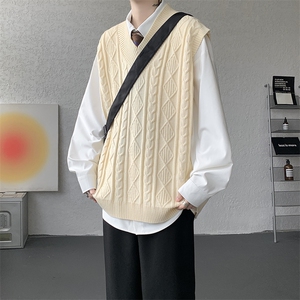 韩系叠穿复古麻花针织衫马甲男学院风早秋穿搭上衣服背心9097P58图片