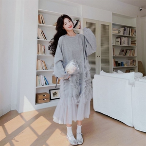 设计感网纱拼接灰色连衣裙女2025春季新款芭蕾风宽松减龄卫衣裙子图片