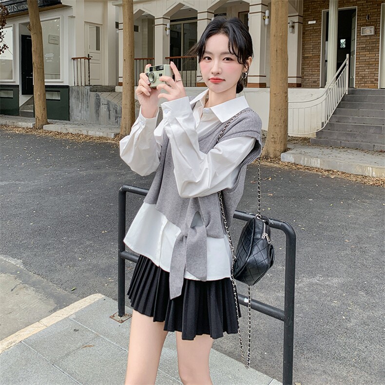 高级松弛感穿搭套装女2025春新款设计感系带针织马甲衬衫两件套,女装套装/套裙,维壹