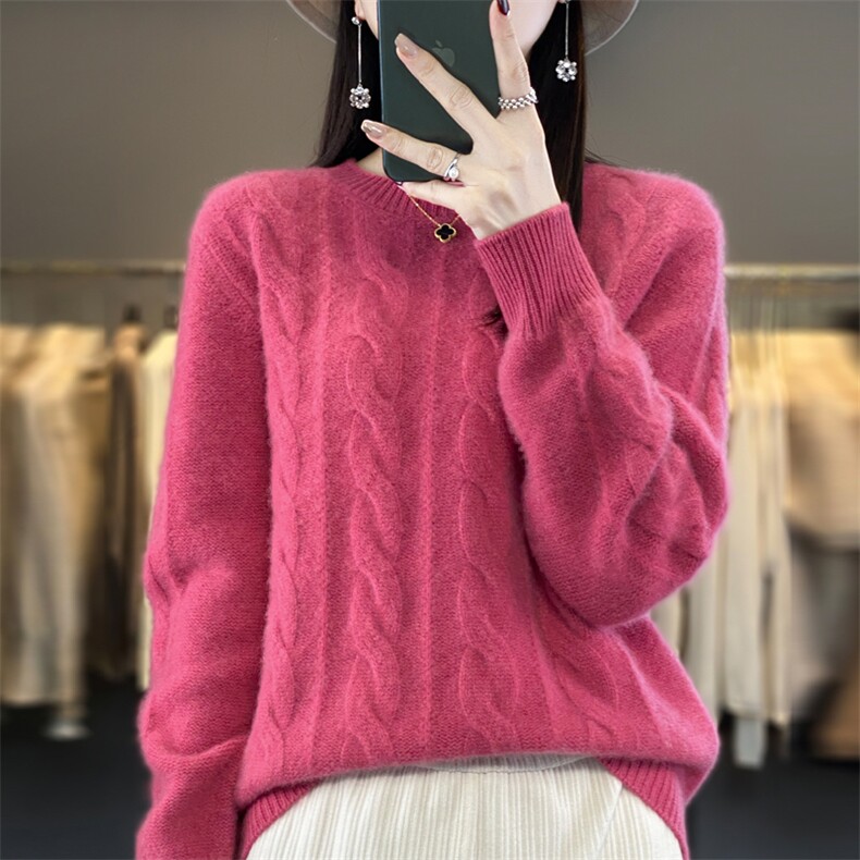 23秋冬新款100%纯羊毛衫女圆领麻花加厚毛衣宽松长袖羊绒衫打底衫,女装羊毛衫,大美人包芯纱店