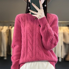 23秋冬新款100%纯羊毛衫女圆领麻花加厚毛衣宽松长袖羊绒衫打底衫，女装羊毛衫，大美人包芯纱店