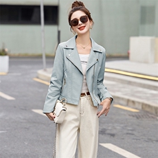 秋季新款皮衣外套女小个子短款机车服时尚气质西装领PU皮夹克上衣，女装皮衣，魅丽静蓝