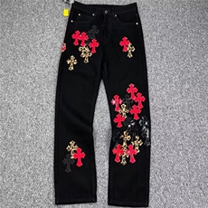 秋季新款慵懒加长彩色拼皮十字架长裤宽松阔腿牛仔裤男AMT705P75，男装皮裤，星座1013-5