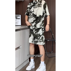 水墨扎染短裤男短袖衬衫男套装男M-5XL大码TZ78714P50控98模特图图片