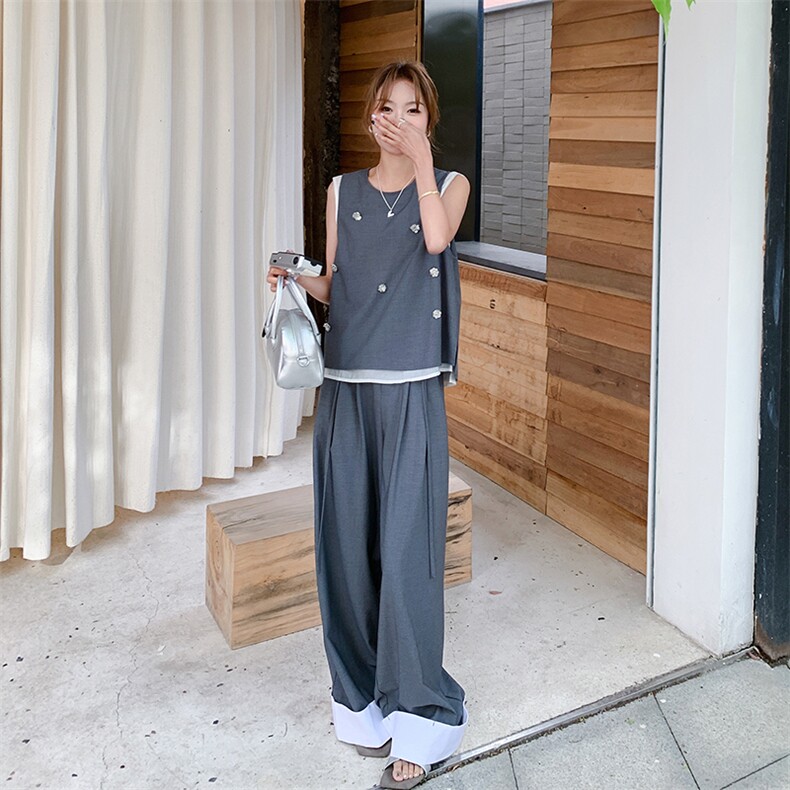 灰色背心马甲阔腿裤时尚套装女2025夏季新款韩系老钱风休闲两件套,女装套装/套裙,2C285