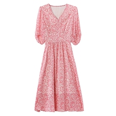 现货V领泡泡袖碎花连衣裙女修身A字裙时尚气质裙，女装连衣裙，韩蔻秀