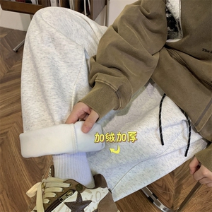 美式重磅针织灰色卫裤男秋冬新款潮牌直筒宽松束脚运动休闲长裤子图片
