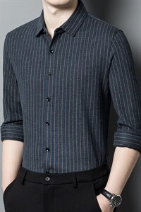 BB22835钱塘2020-2中年男士长袖薄款衬衫条纹宽松休闲衬衣P132图片