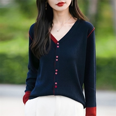 撞色针织开衫女2025春新款长袖上衣V领坑条毛衣显瘦小个子短外套，女装针织衫/毛衣，佳绒包芯纱店