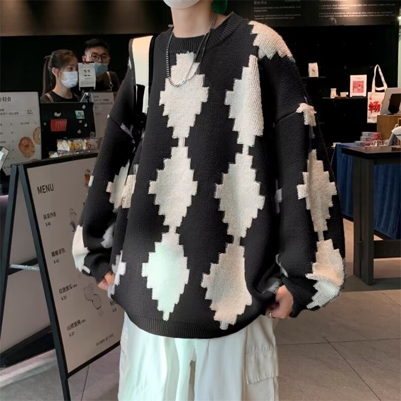 秋冬毛衣外套男潮牌慵懒风针织衫美式菱格休闲套头毛衣M640-P42,男装针织衫/毛衣,星座512-2