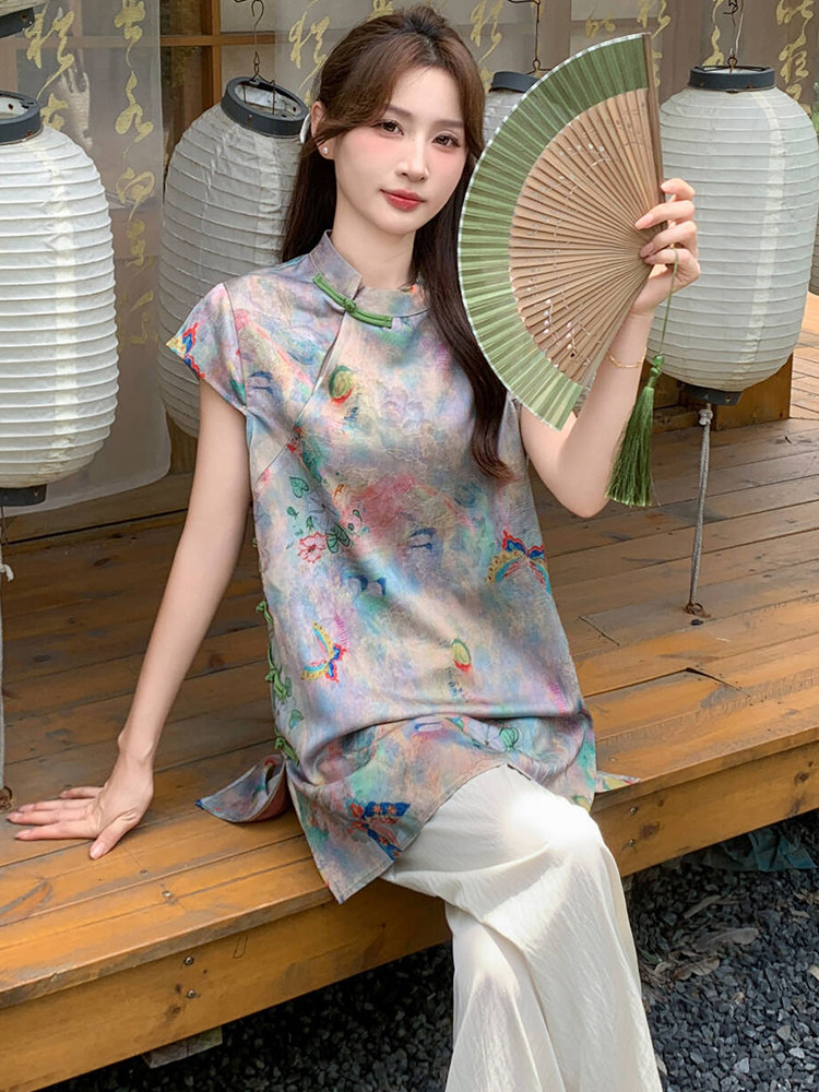 新中式g风套装女2026夏季流行复古印花盘扣旗袍上衣阔腿裤两件套,女装套装/套裙,超帛