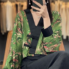 中国风缎面印花V领披肩女新中式复古真丝开衫春夏短款外套上衣，女装T恤，佳绒高端店