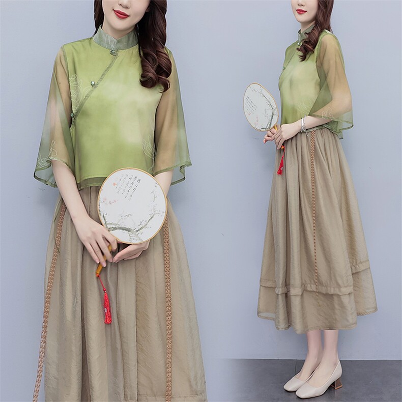 芷墨超仙小洋装新中式俩件套套装茶服改良汉服上衣半身裙俩件套女图片