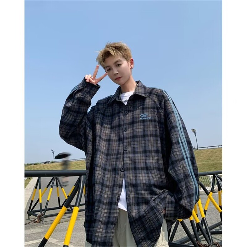 秋新款潮牌情侣美式三条杠格子衬衫长袖格纹衬衣男女K2591/P65，男装衬衫，星座506
