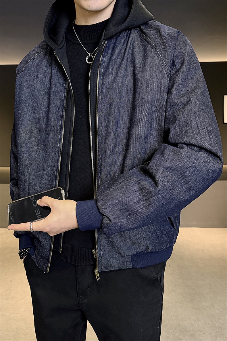 标50白鸭绒冬装羽绒服男假两件连帽牛仔外套B317/J555/P238,男装工装外套,电商B317