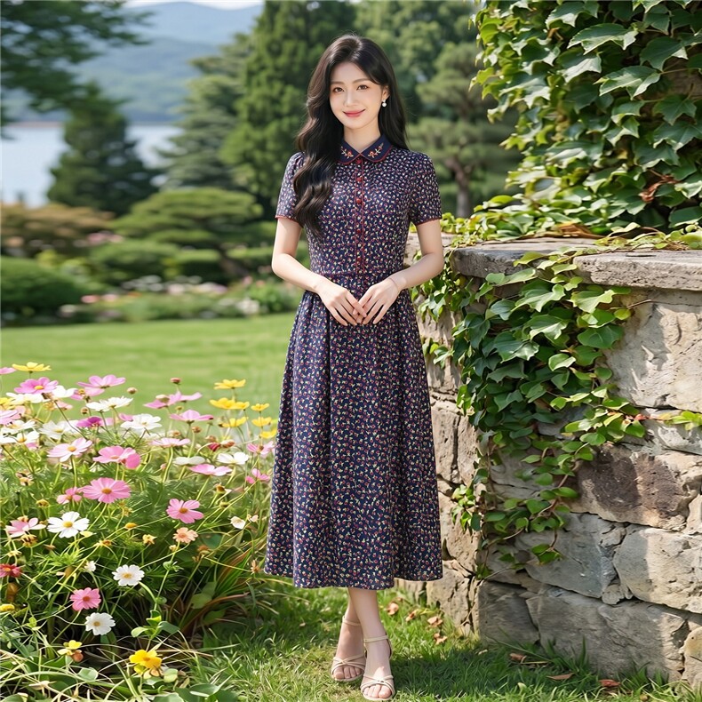 田园风碎花刺绣连衣裙女春夏收腰显瘦中长裙，女装连衣裙，水衣源