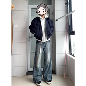 美式复古cleanfit水洗蓝牛仔裤男女宽松直筒百搭裤子LA4199-p52图片