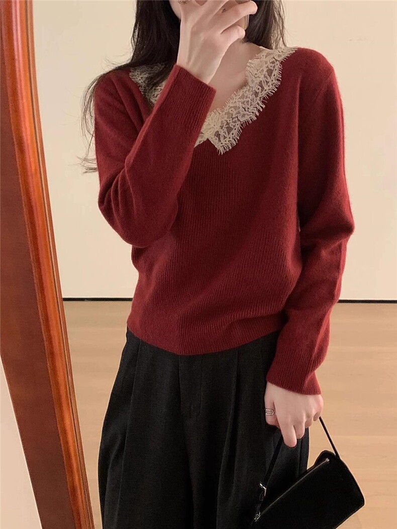 百搭女秋冬优雅气质V领蕾丝拼接羊毛衫显瘦修身长袖针织毛衣舒适,女装羊毛衫,戎咖羊绒