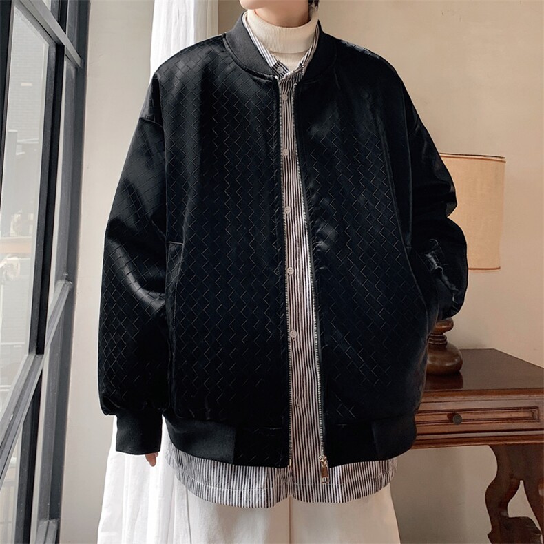 2023冬季新款男士潮牌格子PU皮棒球服棉衣黑色外套MYTC192P115,男装棉衣,电商B220
