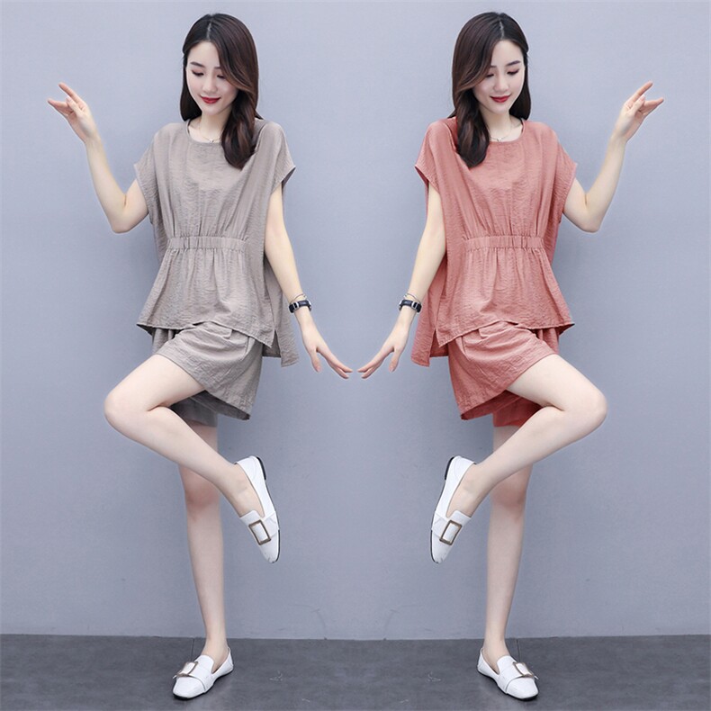 休闲时尚短裤套装2025夏季新款大码女装高端洋气时髦棉麻两件套女,女装套装/套裙,半夏