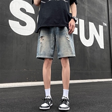 夏季薄款水洗破洞牛仔短裤潮流复古宽松休闲百搭五分裤，男装牛仔裤，星座410-7