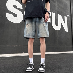 夏季薄款水洗破洞牛仔短裤潮流复古宽松休闲百搭五分裤图片