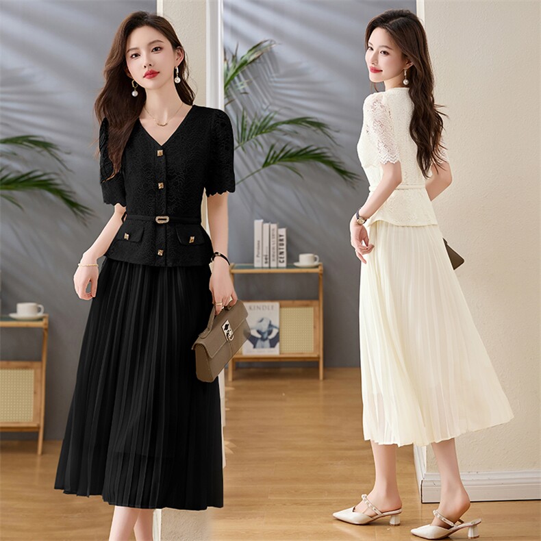 时尚潮流2025年春夏法式小香风蕾丝拼接百褶裙假两件套，女装连衣裙，鑫鑫美